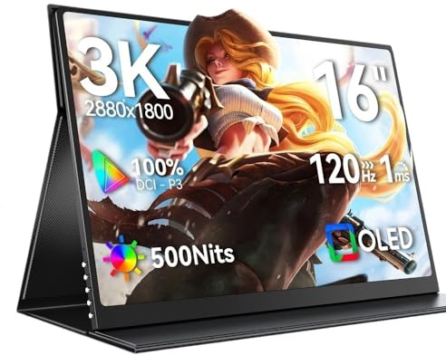 JQVDE 16 Inch 3K OLED Portable Monitor 500Nits 100% DCI-P3 1MS 120Hz Gaming Display with HDMI USB-C Fit Fit For Laptop PS4(UK Plug)