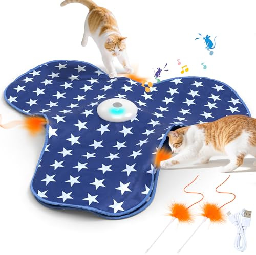 IOKHEIRA Interactive Cat Toy, Rechargeable Electric Cat Toy, Touch-Activated Kitten Toy, Hidden Feather, Realistic Mouse Squeaking Sound, Perfect Cat Toys for Indoor Cats Adult (Blue)