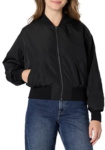 Amazon Essentials Women's Relaxed-Fit Denim Bomber Jacket, Black, X-Small
