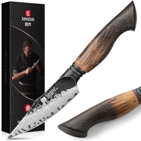 XINZUO 10,7cm Coltello Frutta da Cucina 67 Strati Acciaio Damasco Coltello per Sbucciare -Affilati Professionale Forgiato a Mano Finitura Martellata Spelucchino -Manico in Rovere Bianco e G10 Rosso