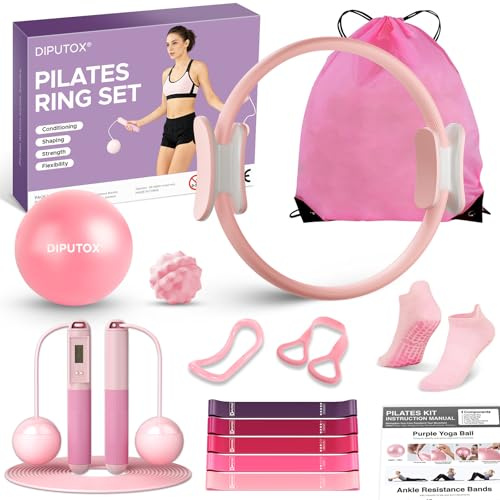 diputox Pilates Ring Kit für Frauen, Pilates Ausrüstung Zubehör, Home Workout Set mit Magic Circle, Mini Gymnastikball, Knöchel Widerstandsbänder & Yoga Socken, für Fitness, Toning & Better Me
