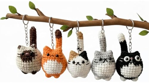 HAPLOVE Crochet Cat Set, 5 Pcs Cute Knitted Kitty Bag Charms, Soft Yarn, Kawaii Animal Backpack Purse Accessories, Keychain Making,Pet Lover Gifts for Women Girls Teens