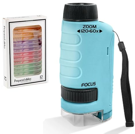 Microscopio Portátil for Niños De 60x a 120x, Microscopio De Bolsillo Educativo con Luz LED, Microscopios Pequeño con 12 Portaobjetos, Juguete Científico for Niños Y Niñas De 4 a 16 Años(Blue)