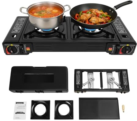 LENJKYYO Réchaud Gaz 2 Feux Camping Gaz Portable Réchaud Camping Barbecue Gaz Camping 2500W Plaque Gaz 2 Feux Allumage Piézo Valve Surpression（64 x 27,8 x 8 cm）