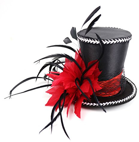 Mini Top Hat Red Feather Fascinator Cocktail