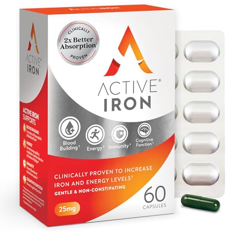 Active Iron Supplement 25mg, Clinically Proven to Increase Iron & Energy Levels, Maximum Absorption, Gentle, Non-Constipating, Avoids Nausea & Side Effects, 60 On-the-Go Foil Protected Capsules