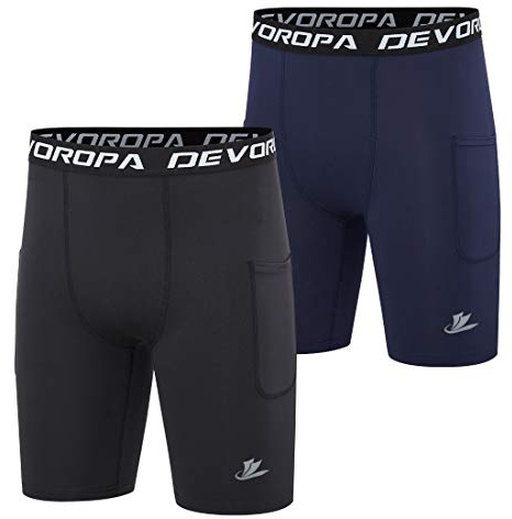DEVOROPA Youth Boys' Compression Shorts Performance Athletic Base Layers Workout Training Underwear Side Pocket Black/Navy XS (Pack of 2)