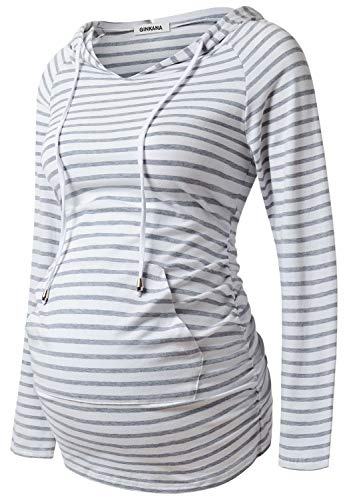 GINKANA Womens Maternity Hoodie Top Sweatshirt Long Sleeve Pregnancy Tunic Top,White with Grey Stripe,Large