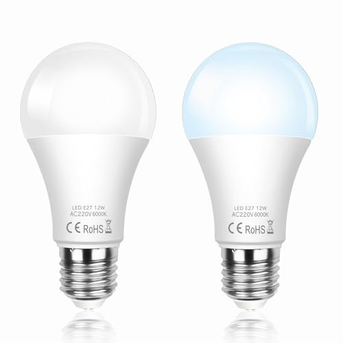 SCNNC Lampadina LED E27 Sensore Crepuscolare 12W, Auto On/Off, Bianco Freddo 6000K, Lampadine Crepuscolare da Esterno E27 per Corridoio Giardino Patio Veranda Scale, 2 Pezzi