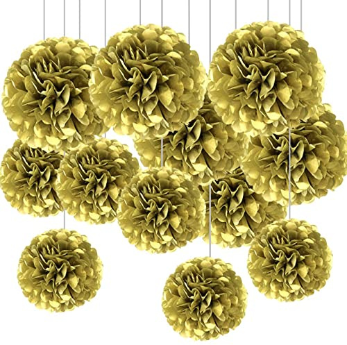 CC wonderland zone 12Pcs Gold Hanging Tissue Paper Pom Poms Decorations for Party Ceiling Wall Tissue Flowers Decorations, 6Pcs of 12in & 6Pcs of 10in
