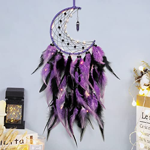 Dremisland Traumfänger mit LED Licht Handgefertigt Mond Dreamcatcher mit Federn Boho Dekoration Lila Federn Wandbehang Ornament Macramé Kinderzimmer-Accessoires für Mädchen Kinder Geschenk