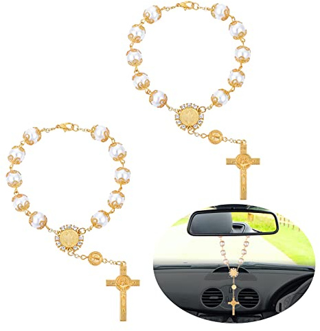 Cobee Auto Rosenkranz für Rückspiegel, 2 Stück Autospiegel zum Aufhängen, Kreuz Auto Rosenkranz Rückspiegel Anhänger Auto Hängezubehör Innendekoration für Damen und Herren (Gold)