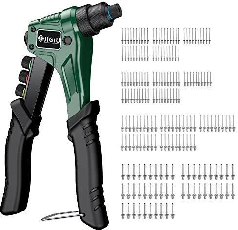 JiGiU Nietzange Set, Blindnietzange inkl. 200pcs Nieten 2,4/3,2/4,0/4,8mm Austauschbaren Mundstücke 8 Popnietenzange mit Ergonomischer Griff Professional Nietpistole