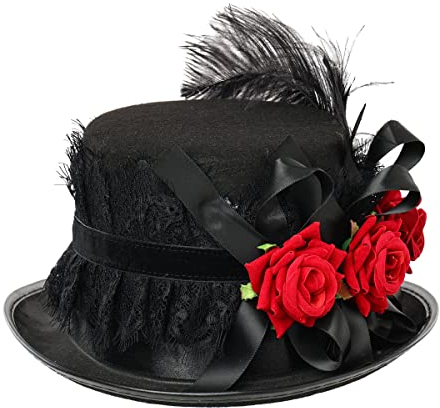 BPURB Damen Steampunk Zylinder Hut Gothic Viktorianische Spitze Rose Kopfbedeckung Steampunk Halloween Zubehör(61cm/24.02 Inches, Schwarz)