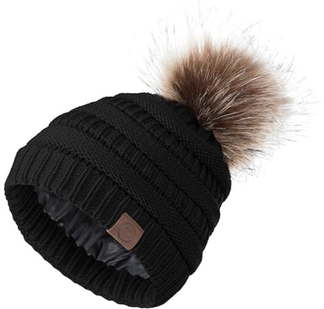 Zando Women's Satin Lined Beanie with Pom Pom - Warm Winter Hat