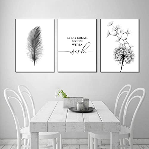 Trayosin 3er Set Premium Design-Poster Set Schwarz Weiß Pusteblume Feder Leinwand, Abstrakte Löwenzahn Blume Wandbild Print Bilder Kunstposter für Wohnzimmer Deko Ohne Rahmen (B,21x30cm)
