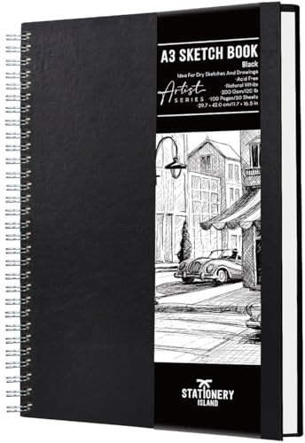 STATIONERY ISLAND Carnet de croquis A3 à couverture rigide, 200 g/m² en papier cartouche épais, carnet de croquis à reliure spirale A3 pour croquis, illustration, portrait, 50 feuilles/100 pages