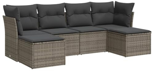vidaXL Garten Sofa Garnitur 6-TLG., Gartenmöbel Set mit Kissen, Sitzgruppe für Garten Terrasse, Modular Gartensofa Hocker Lounge, Grau Poly Rattan