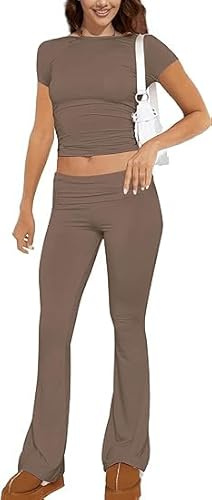 ABINGOO Tuta da Donna Casual 2 Pezzi a Maniche Lunghe Aderente Crop Top Svasati a Vita Bassa Pantaloni Lounge Set Yoga Tuta(Z-Marrone,M)