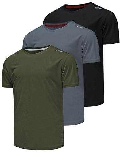 Csqtongan Lot de 3 t-Shirts de Sport Fonctionnels pour Homme - À Manches Courtes - Séchage Rapide - Respirant - pour Le Sport, la Course à Pied, la Gym - pour Homme, Noir/Gris/Vert XL