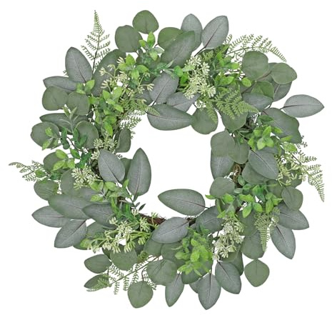 Hollyone 20'' Artificial Eucalyptus Wreath, Fake Eucalyptus Wreath for Front Door, Faux Plants for Wall Decor, Hanging Oranments for Home, Entryway, Windows, Living Room, Kitchen