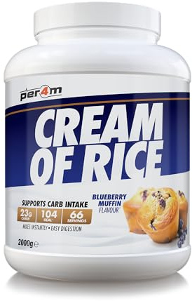 Per4m Protein Cream of Rice | Easy-to-Digest Complex Carbohydrate | Gluten-Free, Plant-Based Smooth Rice Porridge | Ideal Pre Post-Workout (2kg, Blueberry Muffin)