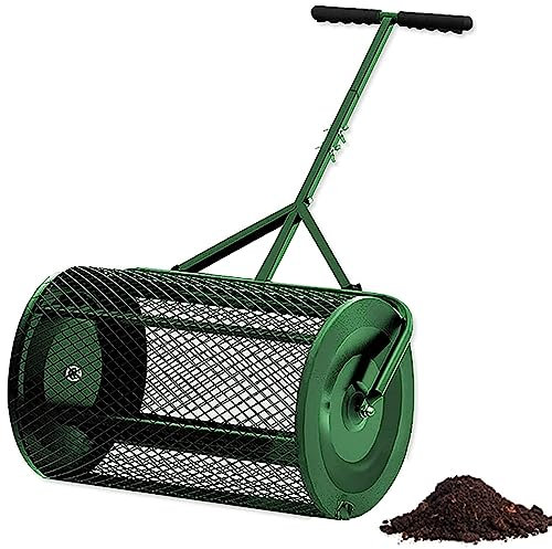Distribuidor de abono de 24, rodillo esparcidor de estiércol de malla metálica liviana con mango ajustable en forma de T para plantar y sembrar, esparcidores de turba de fertilizantes para césped y