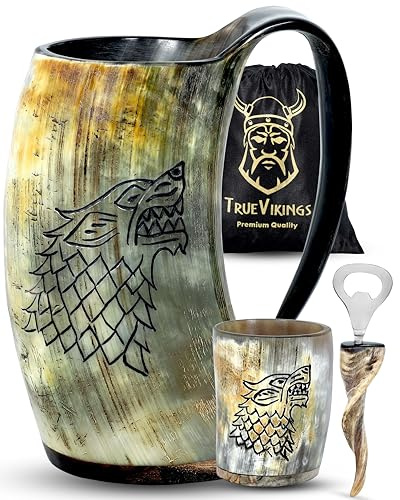 TrueVikings Drinking Horn Mug Set with Shot Glass and Bottle Opener, Authentic Handmade Ox Horn Cup, 16-20 oz, Natural Polished, Viking Gifts for Men (Fenrir/Wolf)