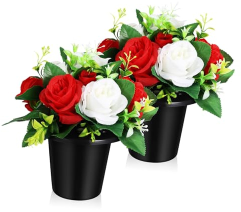 KONTONTY Fiori Artificiali Commemorativi per Tomba, Piccoli Fiori Finti, Decorazioni per Cimitero in Vaso, Set da 2 Pezzi per Ornamenti Tombali e Memoriali