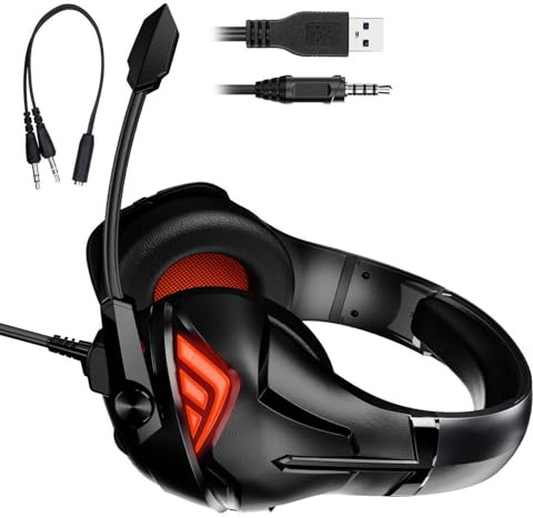 Psdndeww Prácticos Auriculares para Juegos con Micrófono con Cable Y Cancelación De Ruido LED sobre La Oreja para PC Auriculares para Juegos De Ordenador con Micrófono