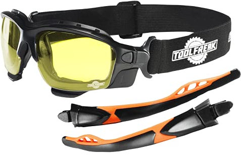 ToolFreak Spoggles Safety Glasses HD Yellow Lens, UV & Impact Protection, Foam Padded, EN166F Rated, Hard Case, Head Strap & Lens Cloth