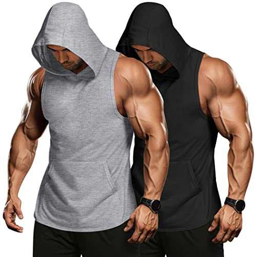 COOFANDY Men's 2 Pack Workout Hooded Tank Tops Bodybuilding Muscle Cut Off T Shirt Sleeveless Gym Hoodies