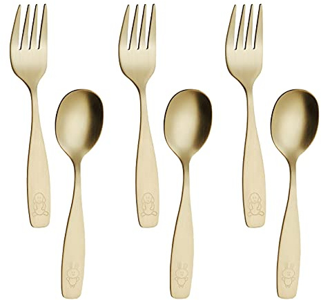 ANNOVA Kids Silverware Children's Safe Flatware Set Stainless Steel - Children Forks, Children Tablespoons, Toddler Utensils, Metal Cutlery Set for LunchBox (Gold, 6)