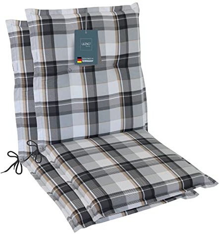 LILENO HOME Gartenstuhl Auflagen als [2er Set - Niedriglehner] in Karo Grau - Bequeme Liegen als Sitzauflagen für Gartenmöbel - Stuhlkissen für Gartenstühle und Klappstühle
