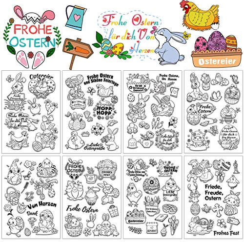 DPKOW 105pcs Deutschen Ostern Klare Stempel, Frohe Ostern Silikonstempel für DIY Karte Scrapbooking Basteln, Hase Ostereier Karotte Huhn Küken Blume Ziege Kreuz Pfeil Vogel Häschen Von Herzen Dank