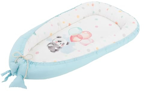 Joyz Nido de Bebé 90x50 cm Dos Caras Cuna de Algodón Hipoalergénico Diseño Panda Azul Claro Cama Portátil de Viaje para Recien Nacidos Reductor Multifuncional Cojín Ajustable Mediante el Cordón