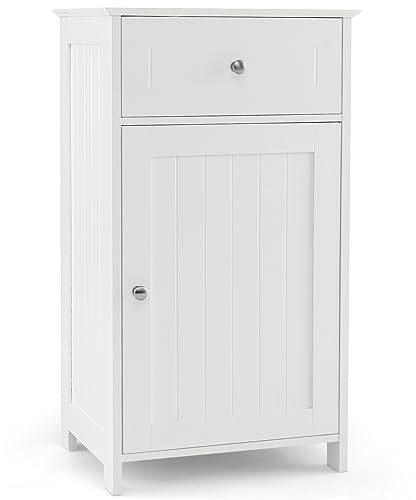 Giantex Floor Bathroom Storage Cabinet - Freestanding Cabinet with Drawer, Door, Adjustable Shelf, Anti-Tipping Device, Storage Organizer for Sofa Side, Bathroom, Living Room, Bedroom, White (White)