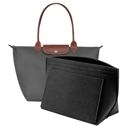 Wisebom Sac en feutre pour Longchamp, organiseur en feutre avec plusieurs poches, sac de transport, poche intérieure pour clés, rouge à lèvres, tasse d'eau (noir, M)