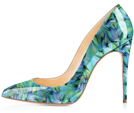 Soireelady Tacchi a Spillo Donna 10 cm - Scarpe con Punta Chiusa in Pelle Verniciata - Tacco Donna Stiletto Slip On Verde Floreale EU43