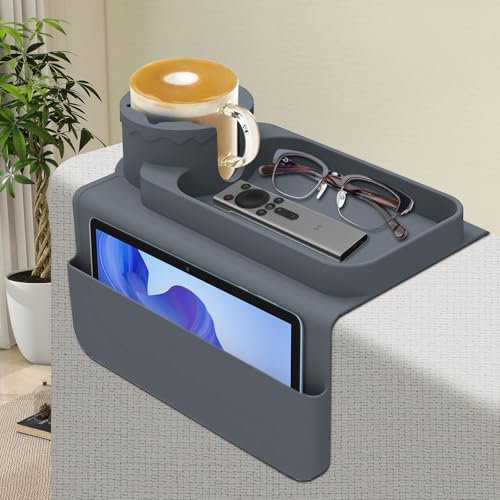 Foyucool Couch Cup Holder, Silicone Sofa Arm Tray, Armchair Tray with Dual Side Pockets, Anti-Spill and Anti-Slip, Large Storage Capacity, for Cup, Phone, Tablet, Remote Control, Snack, Grey
