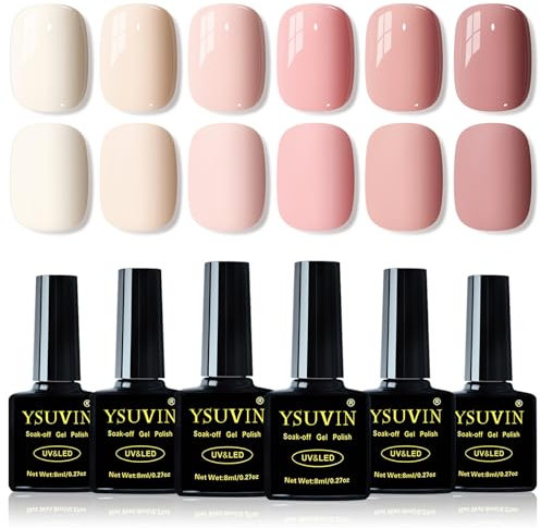YSUVIN UV Nagellack, 6 Farben Natur Weiß Nude Rosa Gel Nagellack Set Soak-Off UV Gel Nail Polish für Frauen Home DIY Nail Art Maniküre Salon, Langlebig, 8ML