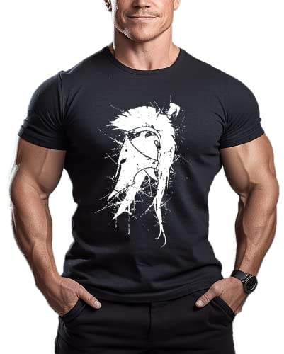 ReedCA Men’s Spartan Helmet T-Shirt, Athletic Cotton Short Sleeve Gym Top for Bodybuilding & Casual Wear Black