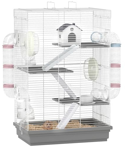 PawHut Cage pour Hamster, 47x30x70 cm, Petite Maison pour Animaux avec Tunnel, Plateformes, Bol, Abreuvoir, Maison, rampes et Roue d'exercice, pour Hamsters Nains, gerbilles, Gris