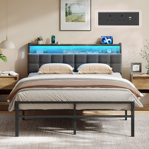 VASAGLE Double Bed Frame 135.5 x 208.9 cm with LED Lights and Charging Station, Metal Platform Bed Frame with Storage Upholstered Headboard, Industrial, Ink Black and Rustic Brown RMB126G101