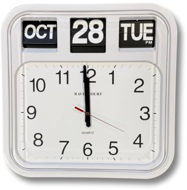 Ravencourt Large Flip Calendar Wall Clock, White | Flip Calendar Wall Clock, For Offices Or Public Sector, Stylish, Easy Read, High Contrast Clock Face, 42cm x 44cm