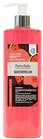 Palm Safe Watermelon 500ml Anti Bacterial Premium Hand Sanitiser Pump Bottle Quick Drying Non Sticky Extra Moisturising Kills 99.9% of Viruses and Bacteria