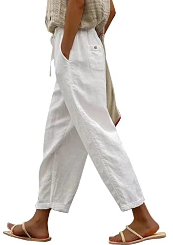 7/8 pantaloni in lino, da donna, leggeri, gambe larghe, eleganti in vita elastica con coulisse e casual, pantaloni harem, comodi pantaloni da spiaggia