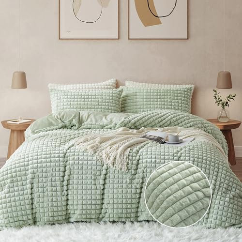 Freyamy Peluche Housse de Couette 140x200cm Vert Hiver Chaude Duveteuse Parure de lit 1 Personne Shaggy Faux Fur avec Fermeture Éclair Waffle Flanelle Linge de lit avec 1 Taie d'oreiller 65 x 65cm