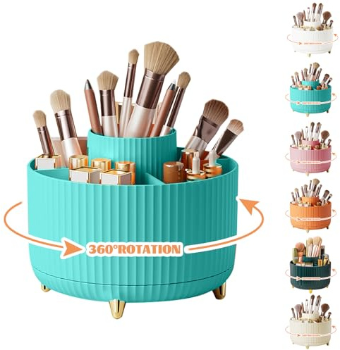 360° Rotating Makeup Organiser, Make Up Brush Holder with 5 Compartments, Desk Storage Container for Bedroom Dressing Table Cosmetics Organizer, Office Stationery Storage, Desktop Pen Holders (Blue)