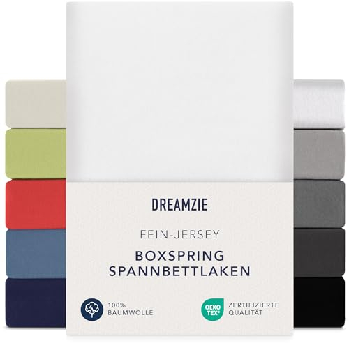 Dreamzie Premium Spannbettlaken 140x200 cm - 160x200 cm - 37cm Seitenhöhe - auch für Boxspringbett & Wasserbett - Bettlaken Boxspringbett 100% Jersey Baumwolle, 150 g/m² - Oeko-TEX - Weiß